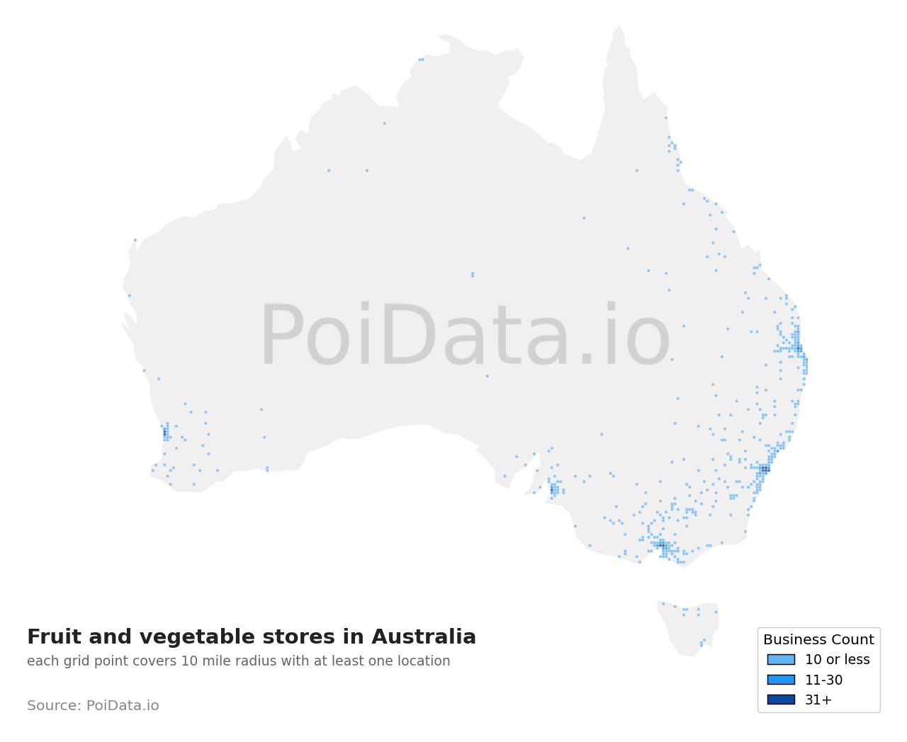 Fruit and vegetable store density map for Australia