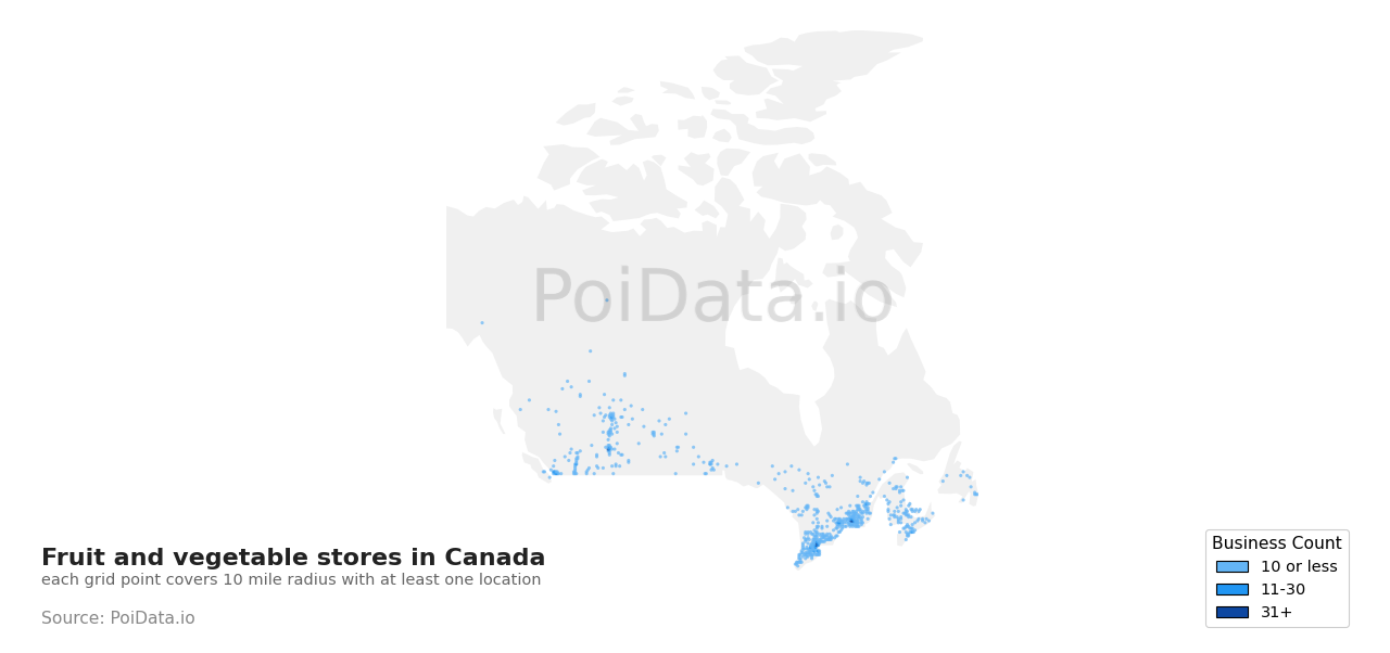Fruit and vegetable store density map for Quebec, Canada