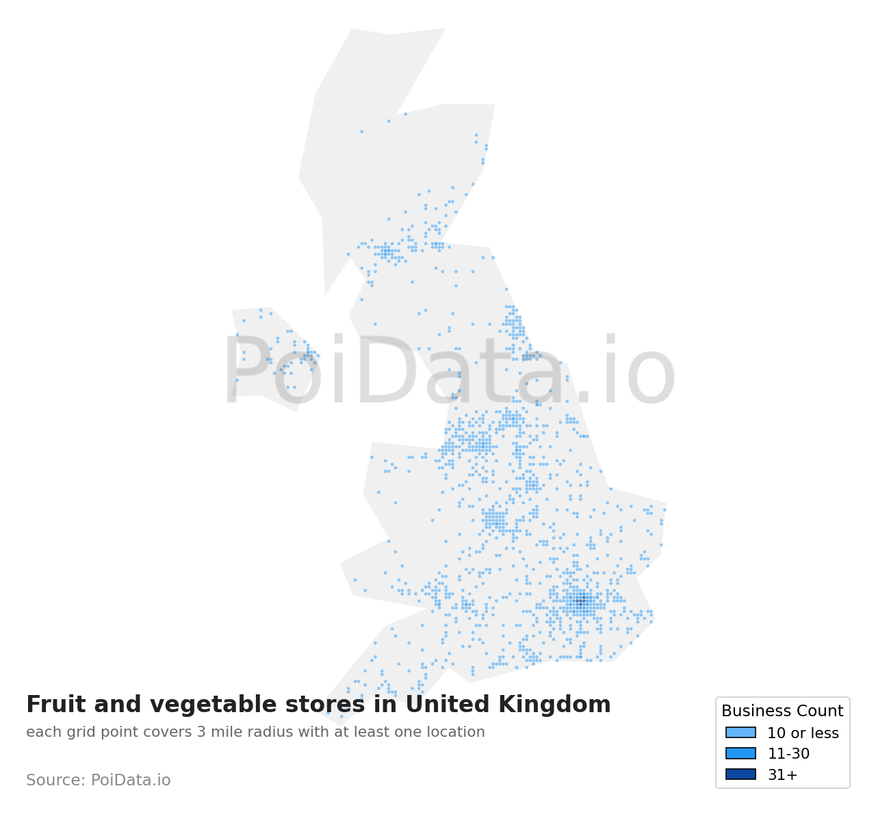 Fruit and vegetable store density map for United Kingdom