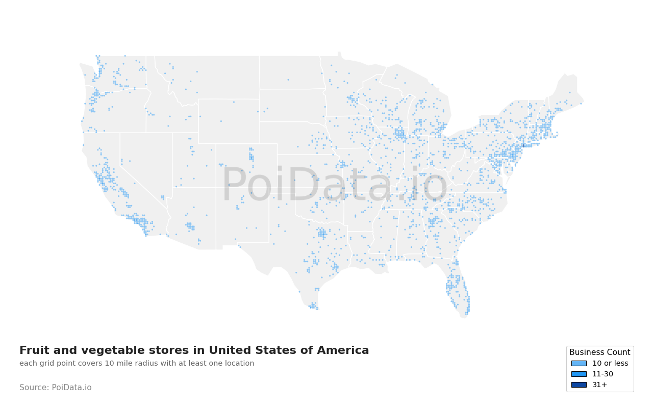 Fruit and vegetable store density map for United States