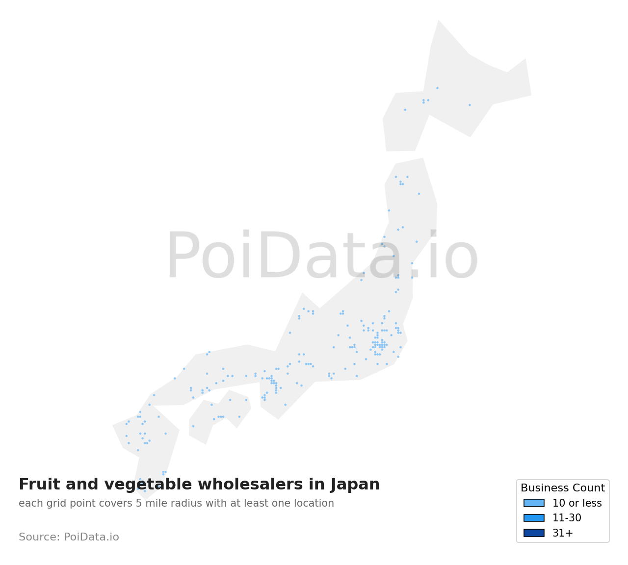 Fruit and vegetable wholesaler density map for Japan