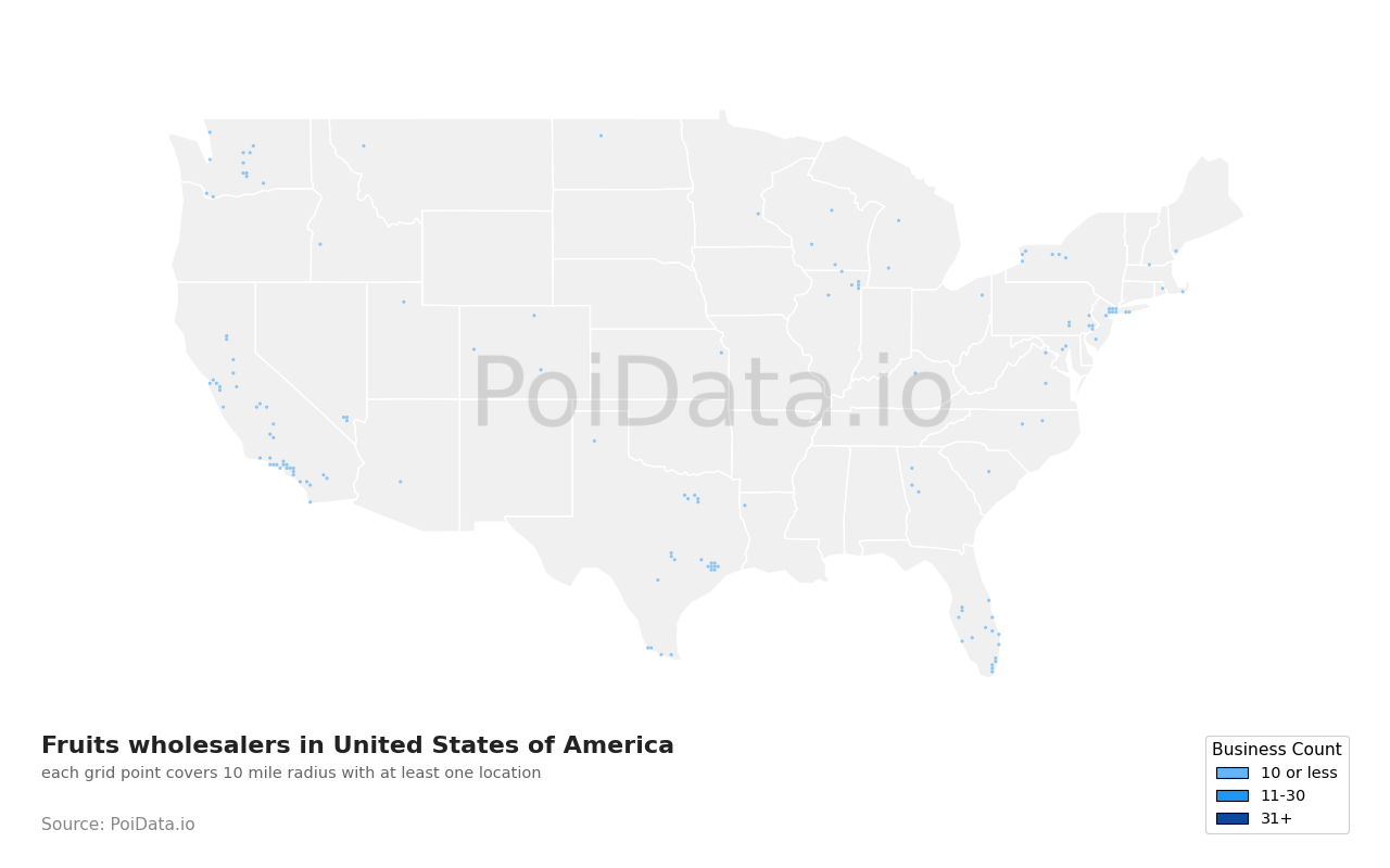 Fruits wholesaler density map for United States