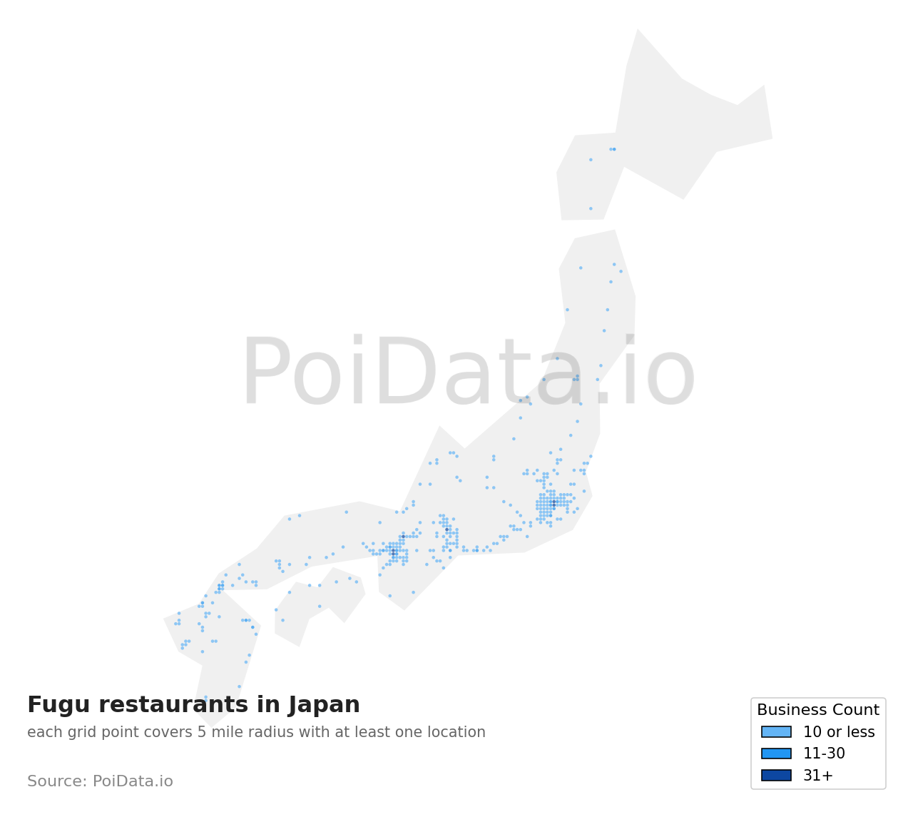 Fugu restaurant density map for Japan