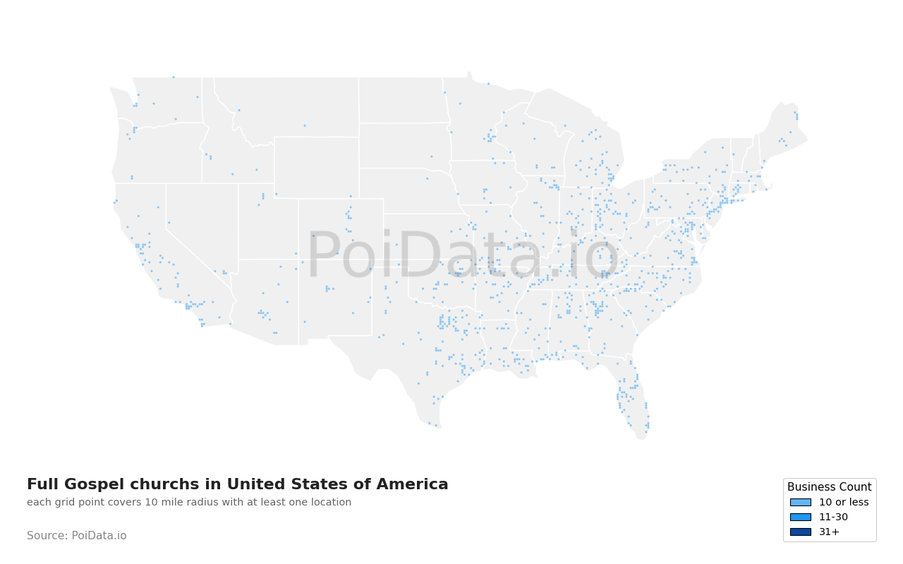 Full Gospel church density map for Texas, United States