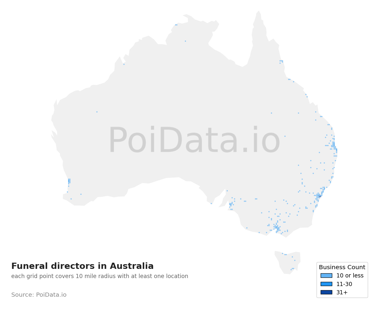 Funeral director density map for Australia