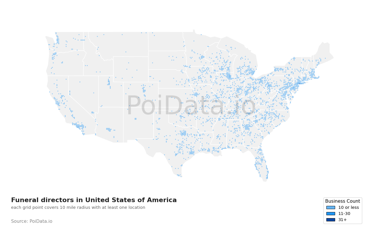 Funeral director density map for United States
