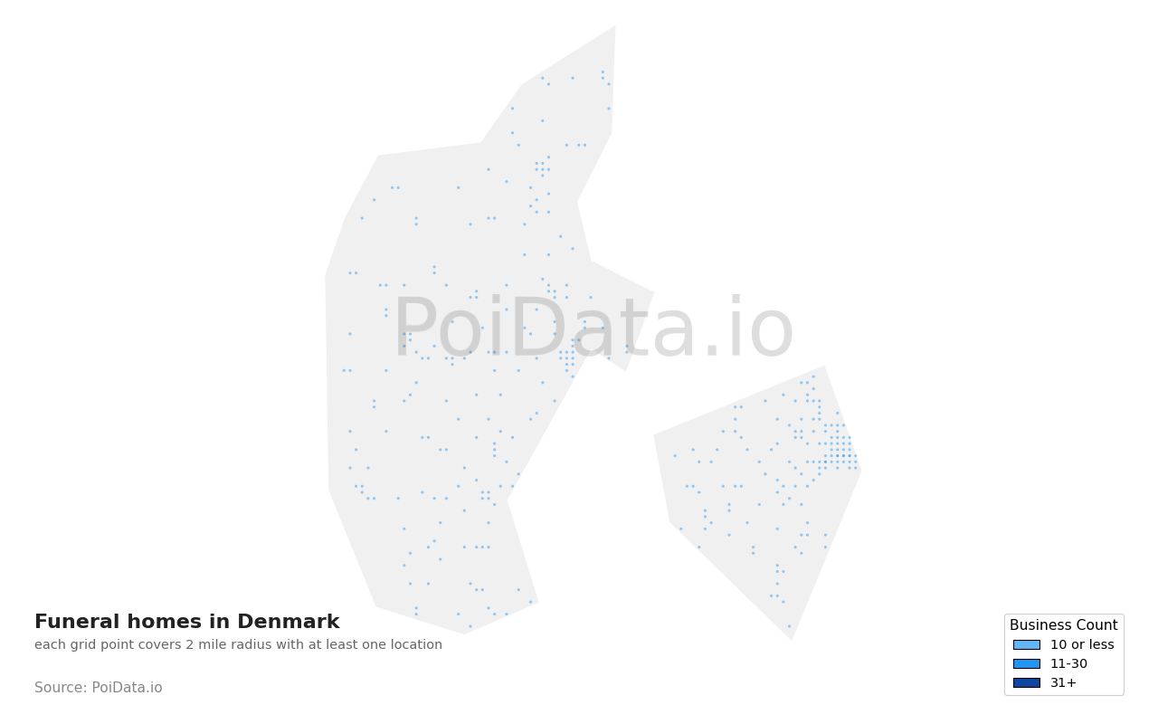Funeral home density map for Denmark