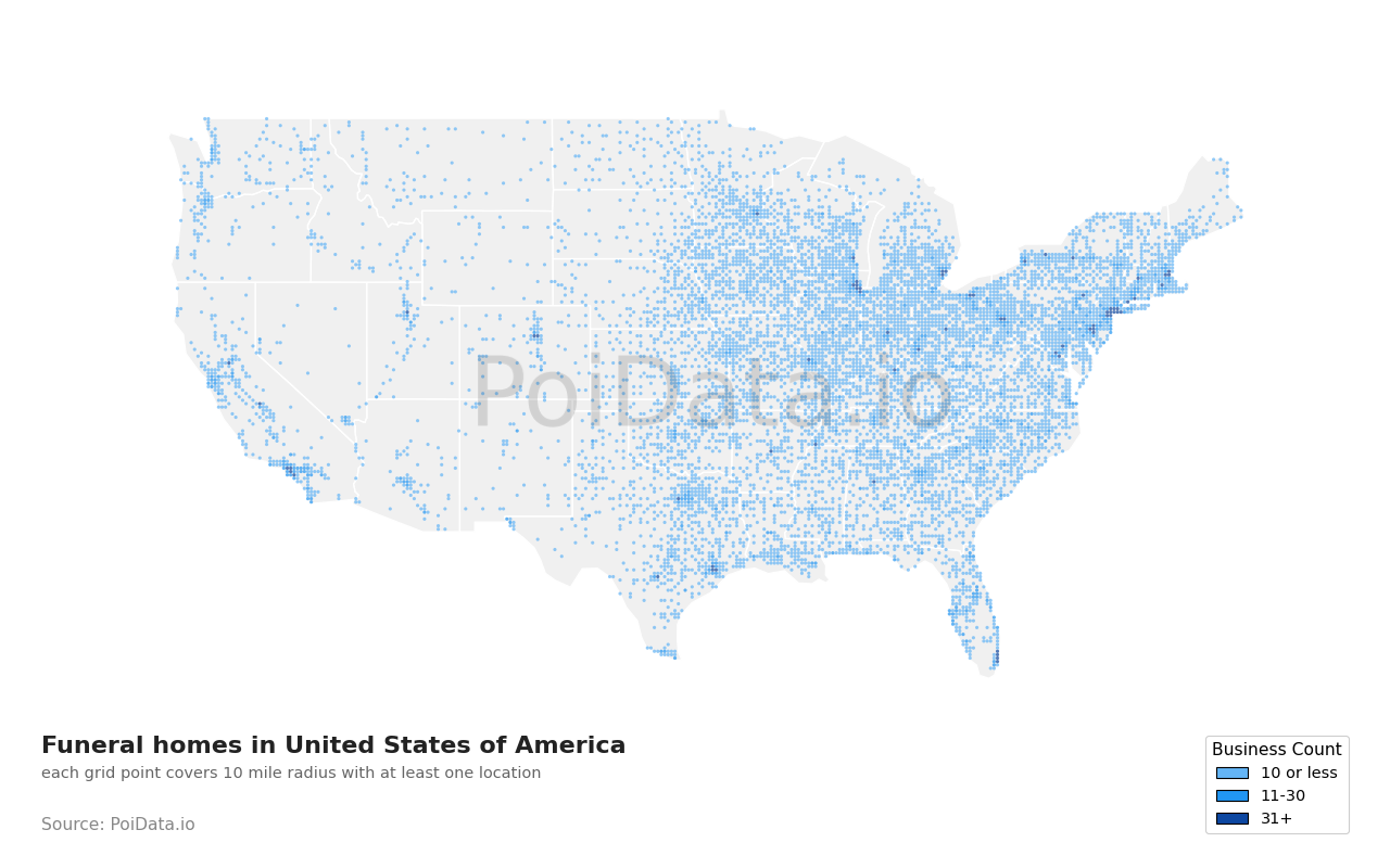 Funeral home density map for Florida, United States