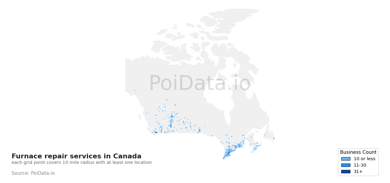 Furnace repair service density map for Canada