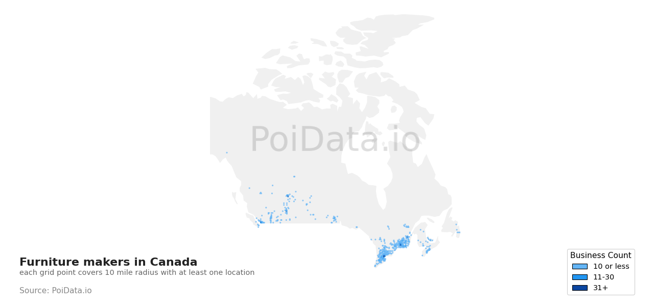 Furniture maker density map for Quebec, Canada