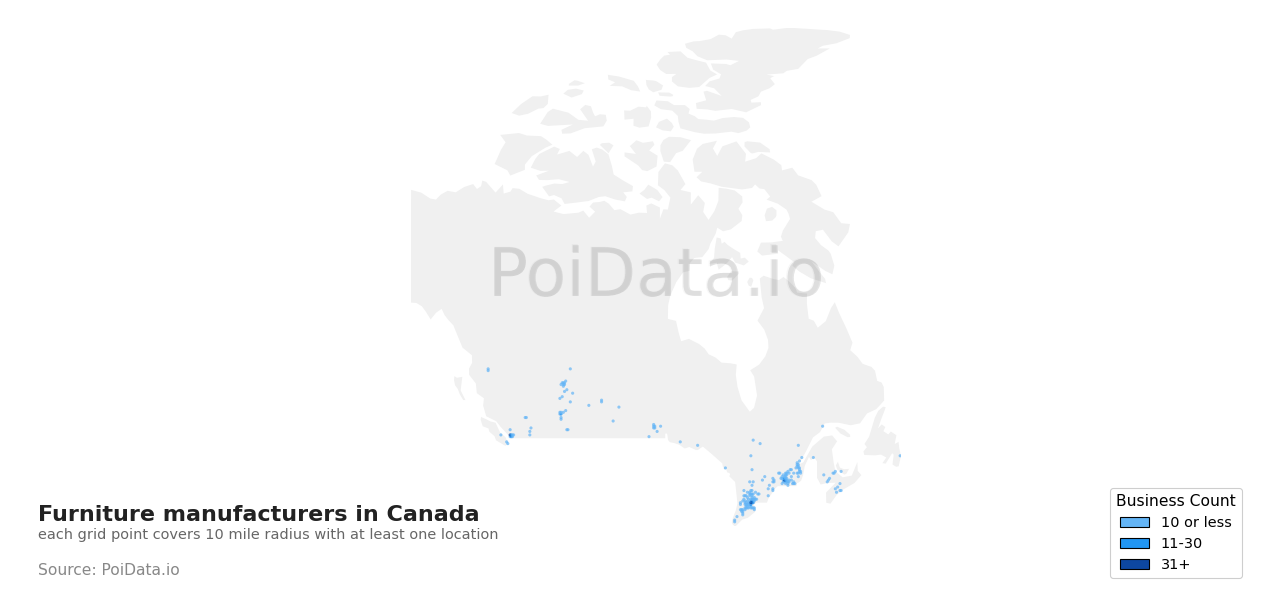 Furniture manufacturer density map for Manitoba, Canada