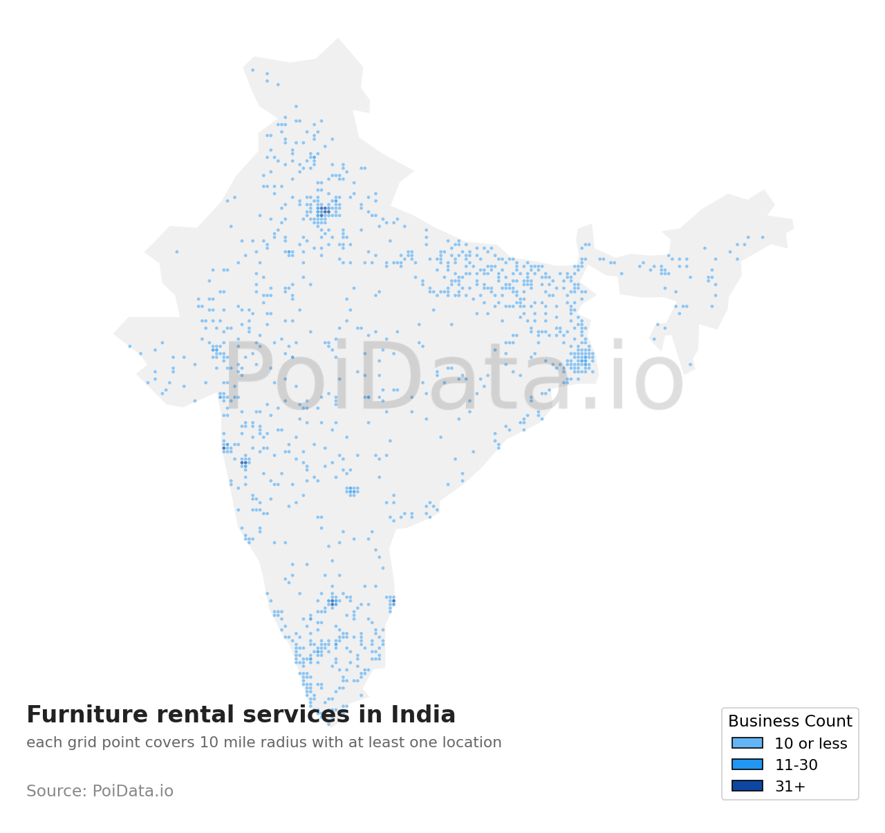 Furniture rental service density map for India
