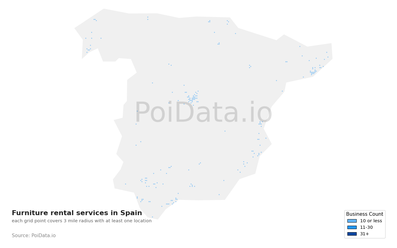 Furniture rental service density map for Spain