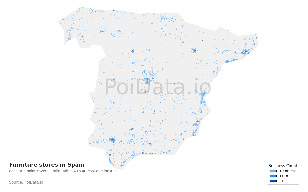 Furniture store density map for Spain