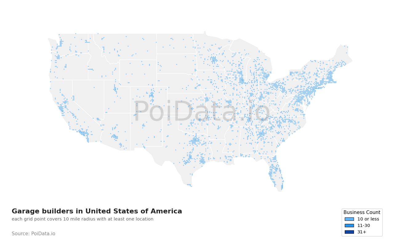 Garage builder density map for United States