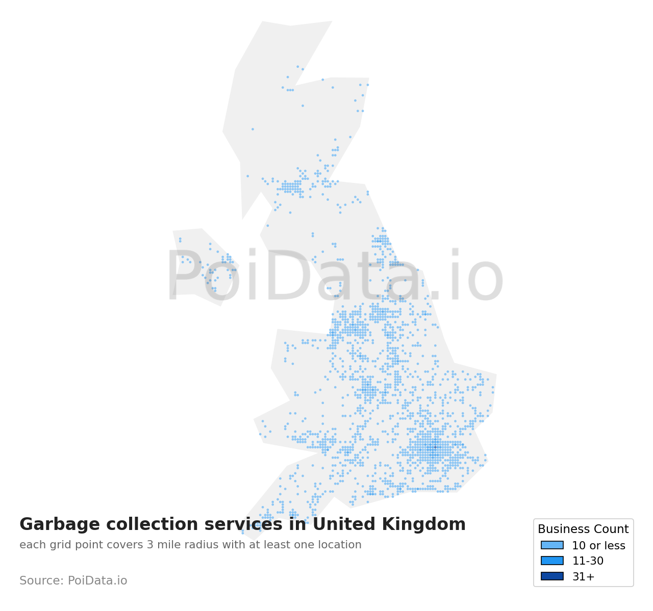 Garbage collection service density map for United Kingdom
