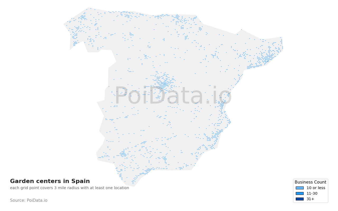 Garden center density map for Spain