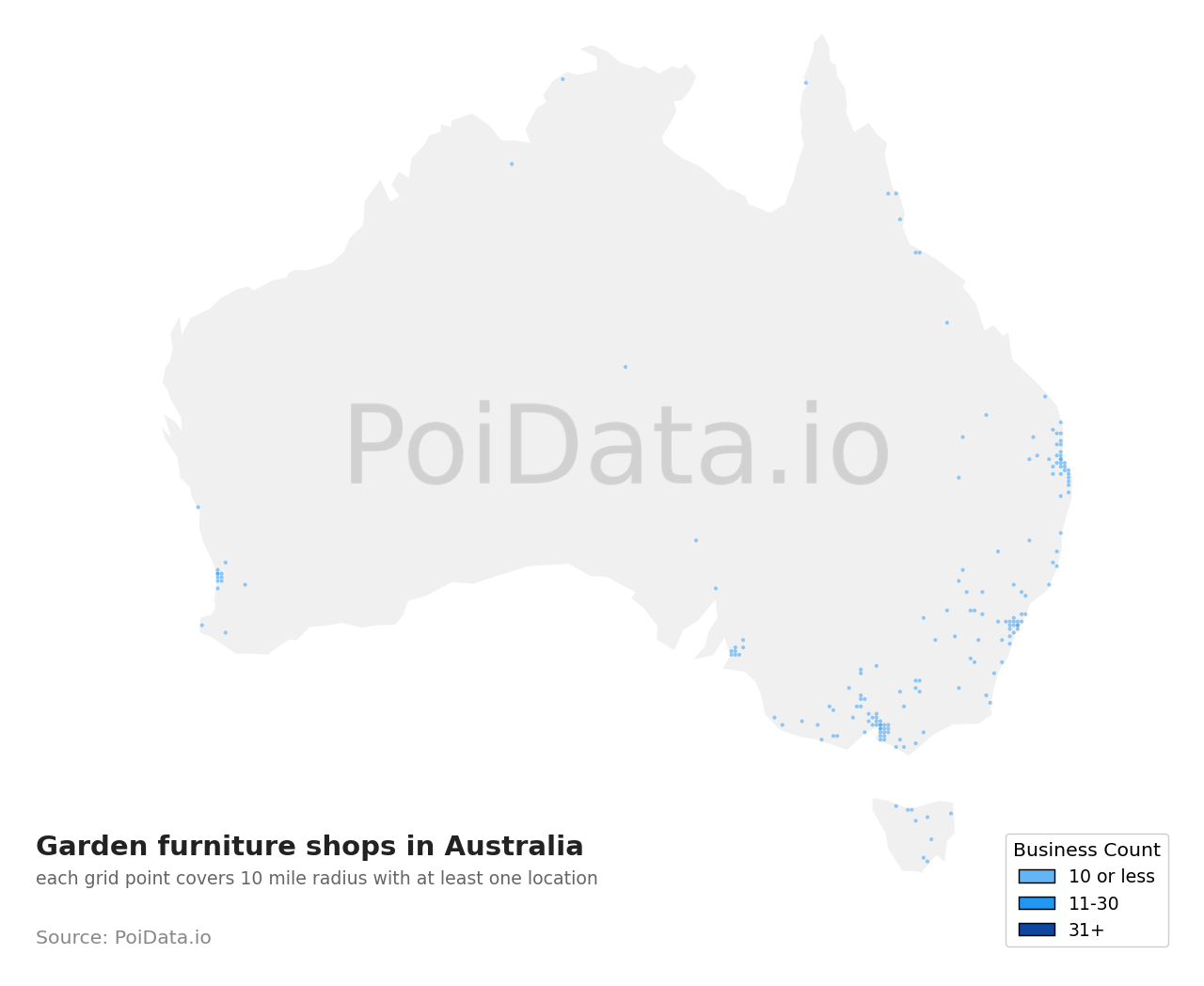 Garden furniture shop density map for Australia