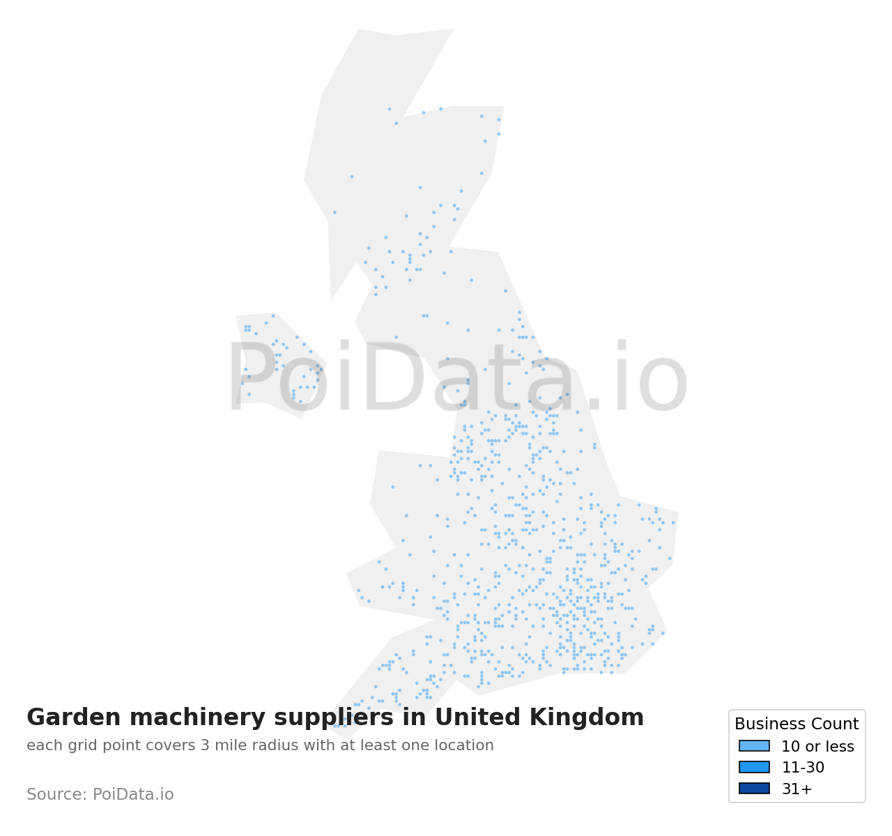 Garden machinery supplier density map for United Kingdom