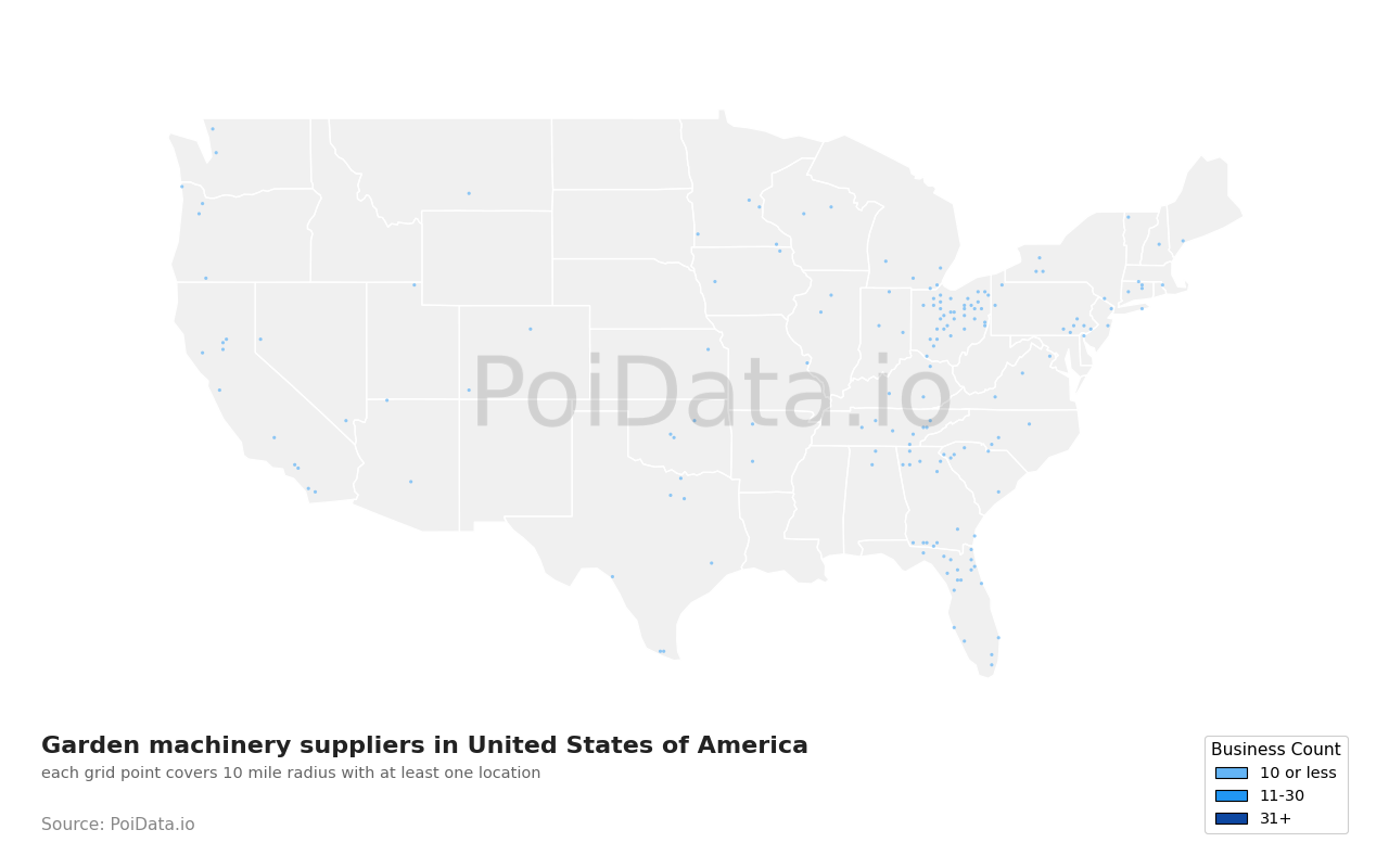 Garden machinery supplier density map for United States