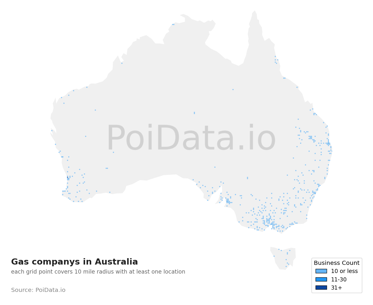 Gas company density map for Western Australia, Australia