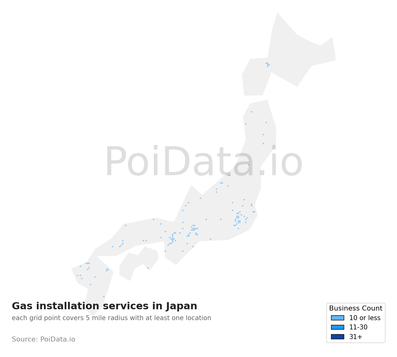 Gas installation service density map for Japan