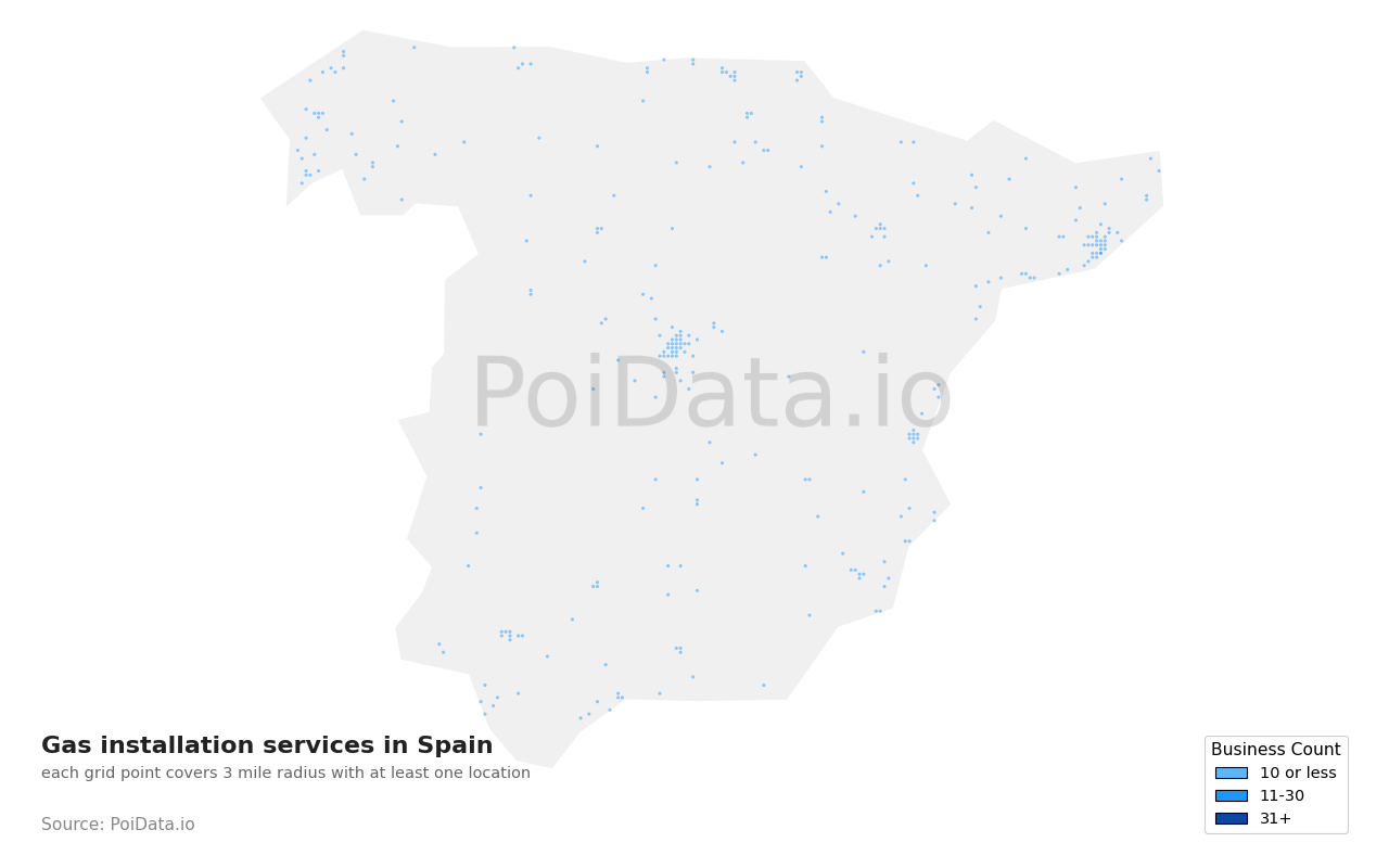 Gas installation service density map for Spain