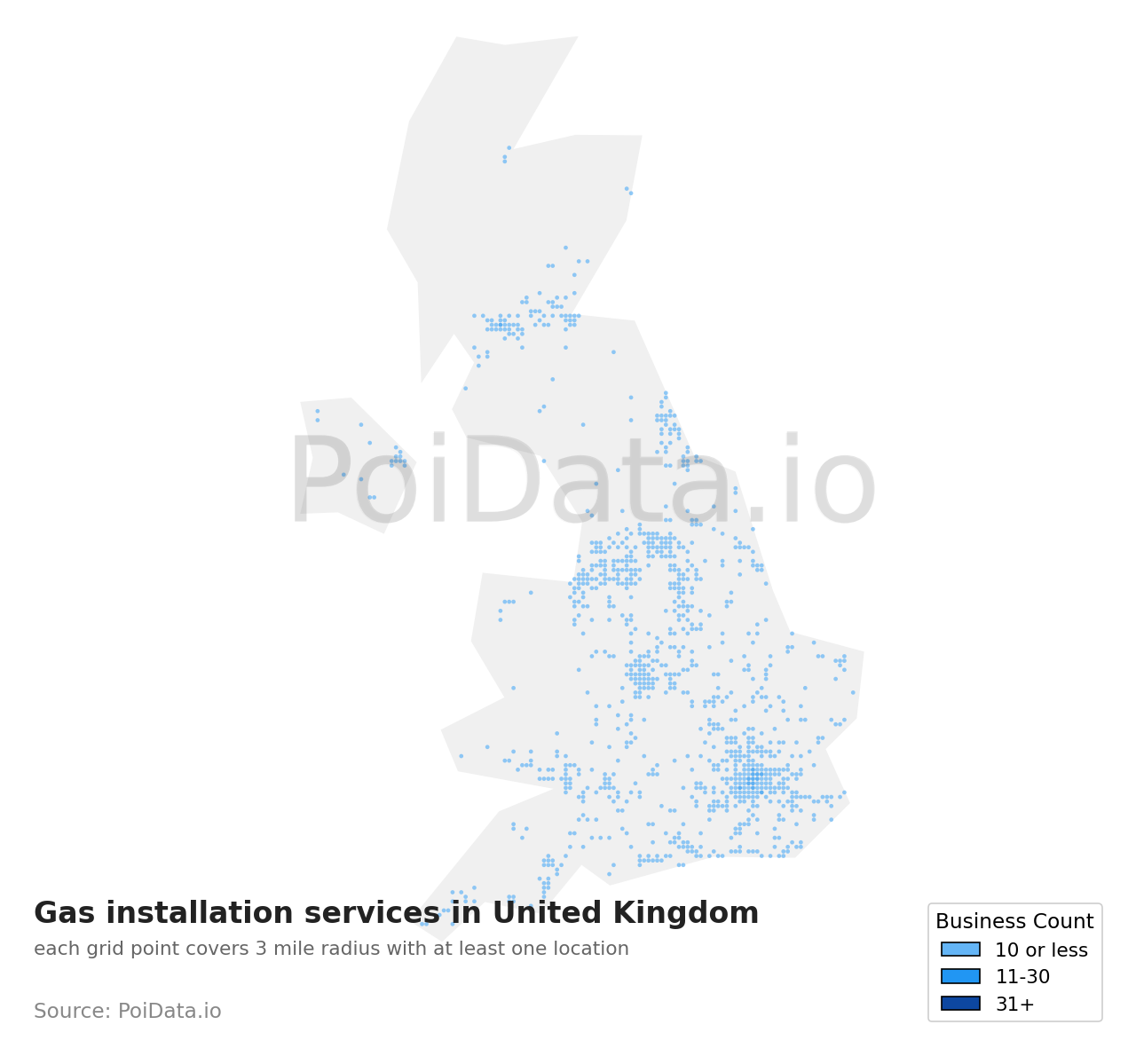 Gas installation service density map for United Kingdom