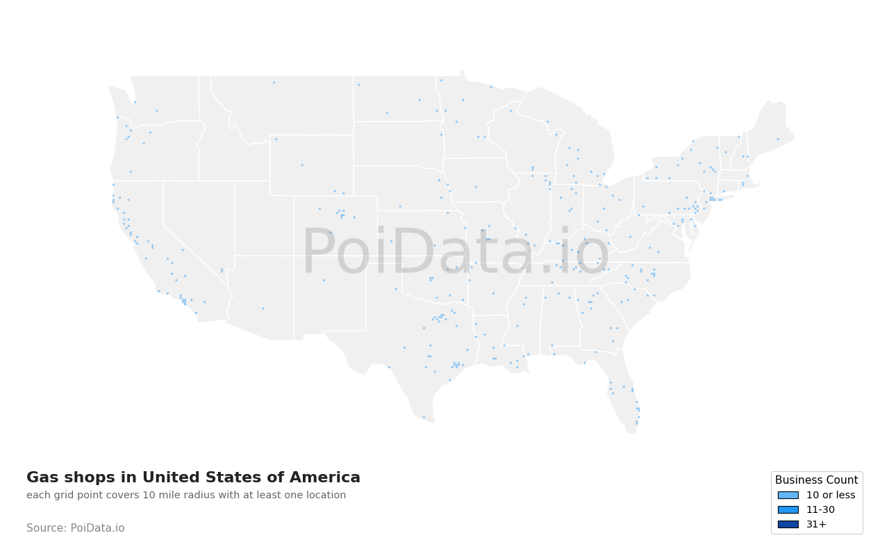 Gas shop density map for United States