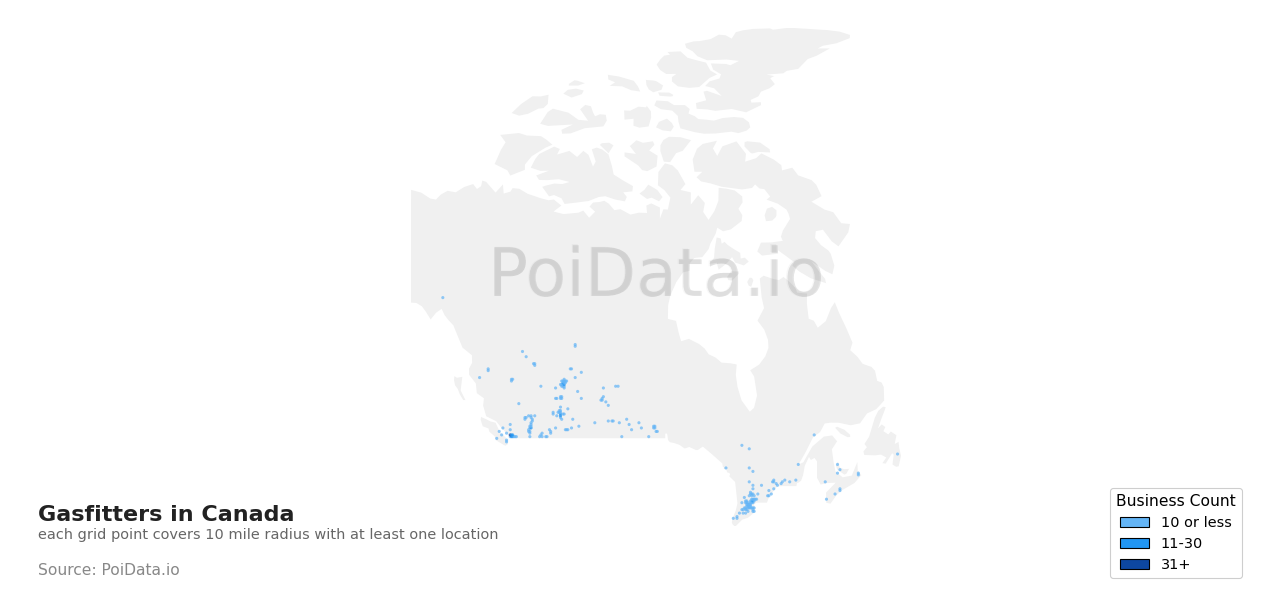 Gasfitter density map for British Columbia, Canada