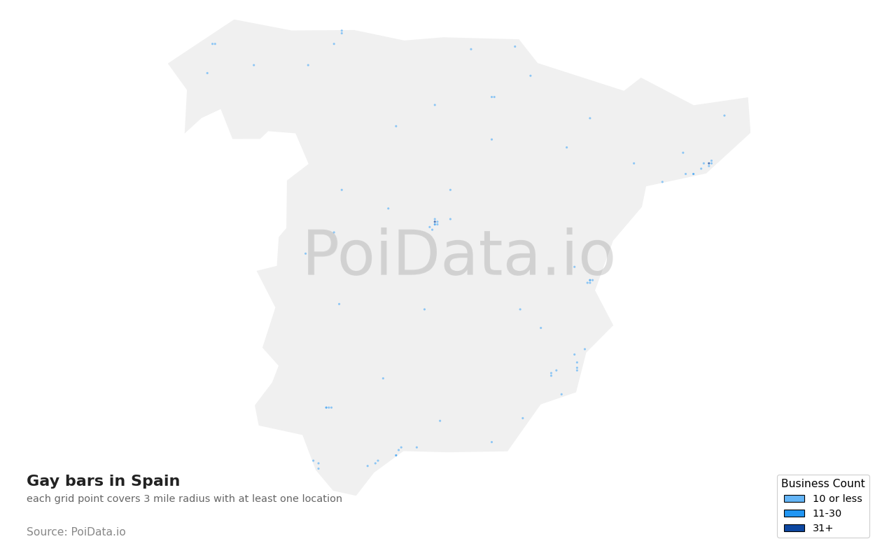 Gay bar density map for Spain