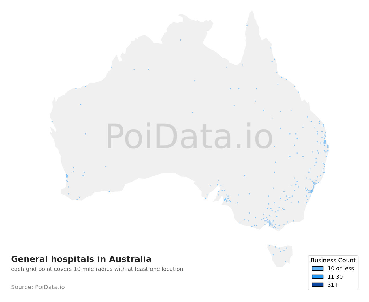 General hospital density map for South Australia, Australia