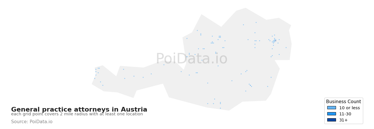 General practice attorney density map for Austria