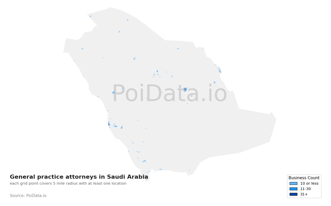 General practice attorney density map for Saudi Arabia