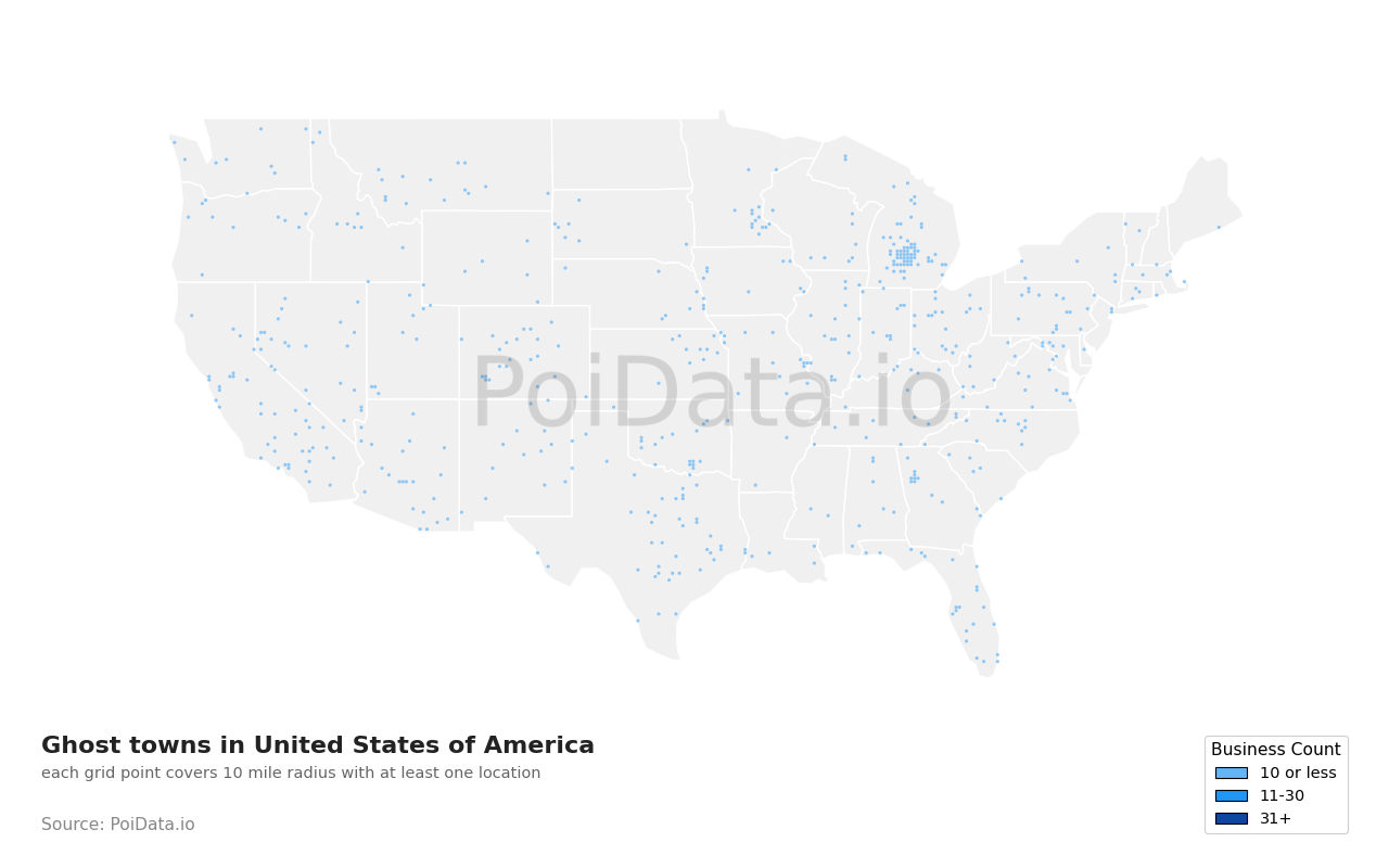 Ghost town density map for Massachusetts, United States