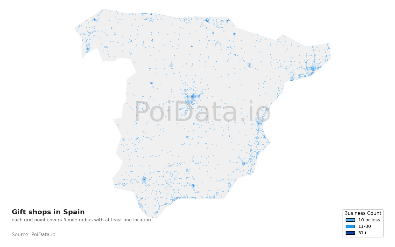Gift shop density map for Spain
