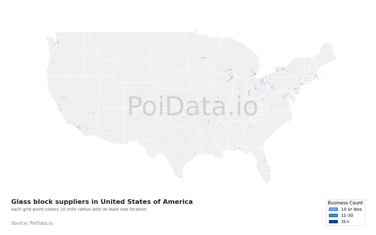 Glass block supplier density map for United States