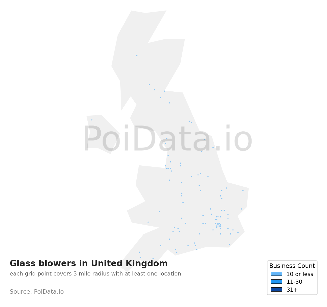 Glass blower density map for United Kingdom