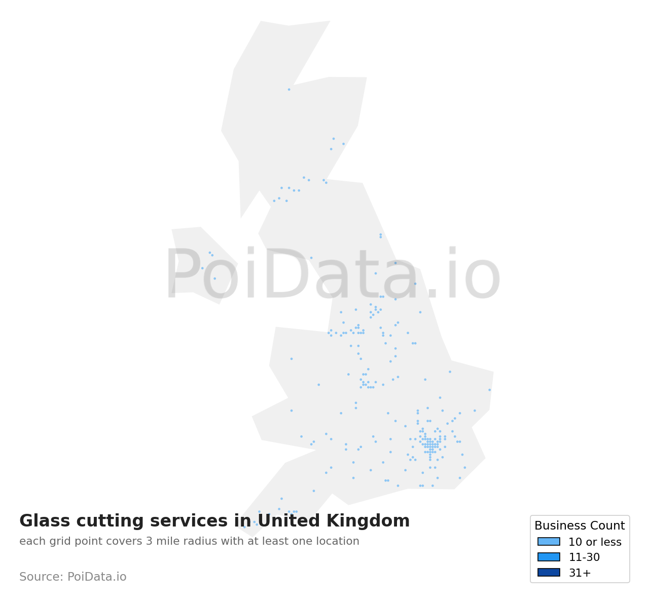 Glass cutting service density map for United Kingdom