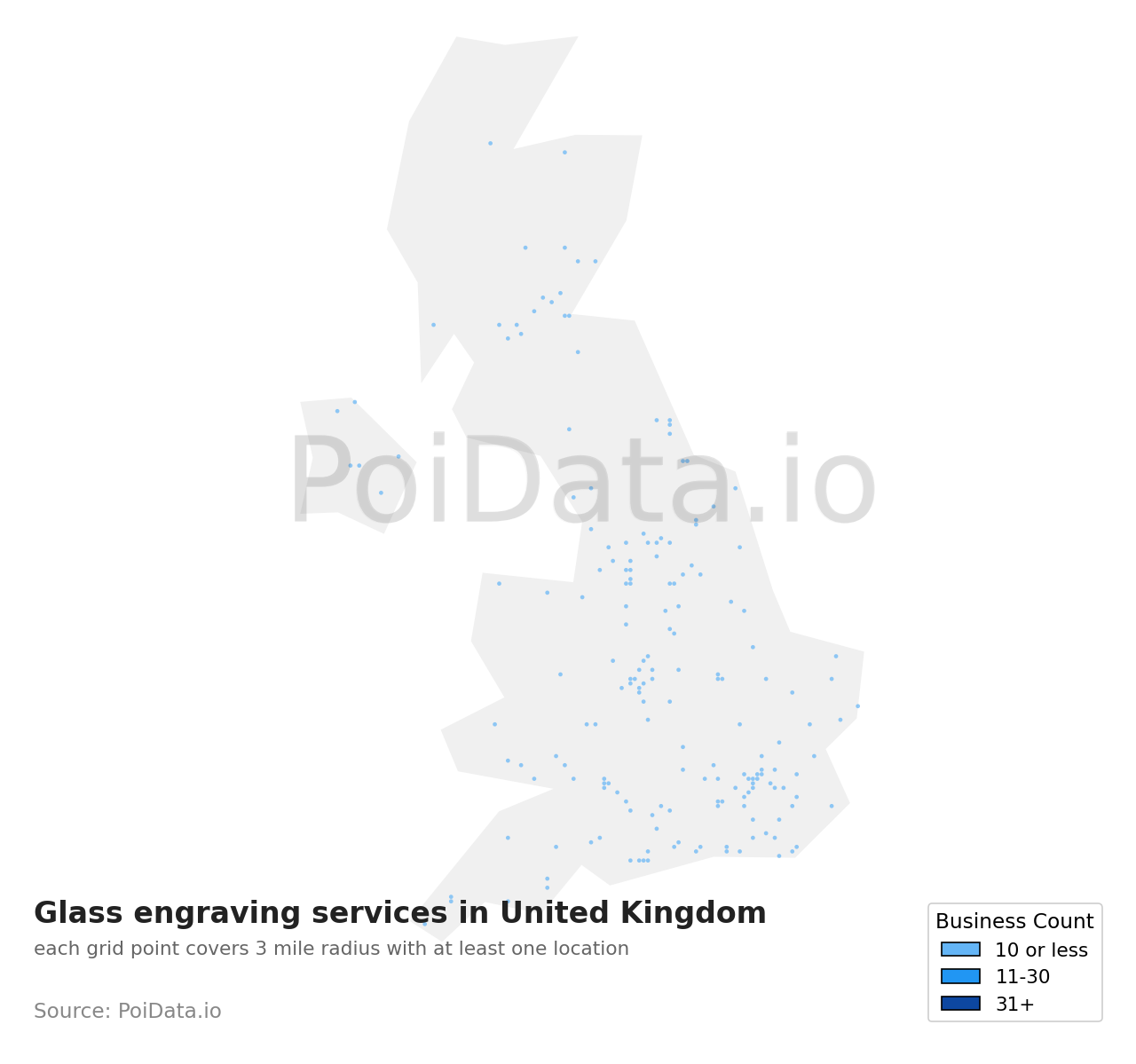 Glass engraving service density map for United Kingdom