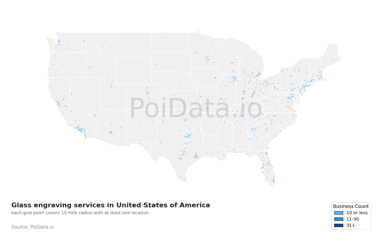 Glass engraving service density map for Tennessee, United States