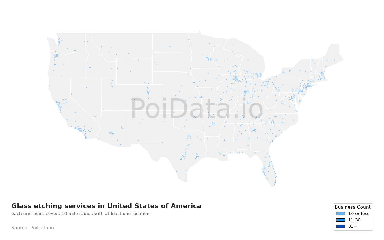 Glass etching service density map for United States