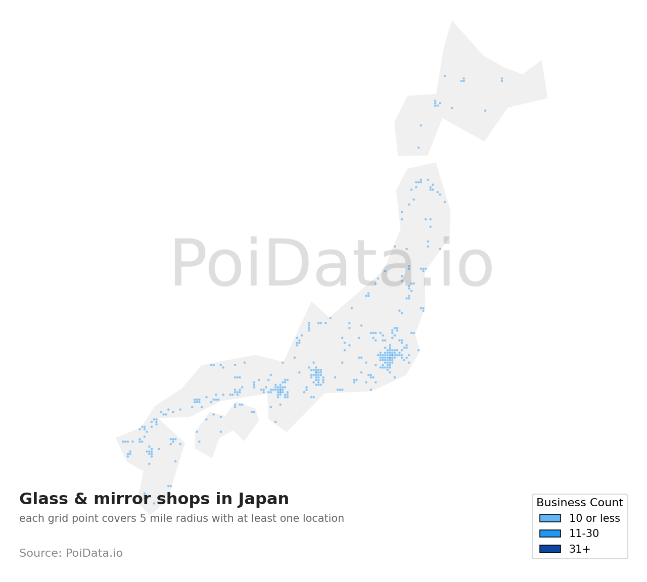 Glass & mirror shop density map for Japan