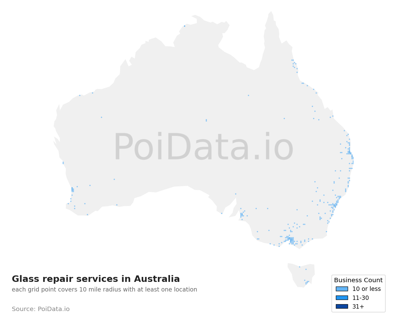 Glass repair service density map for Western Australia, Australia