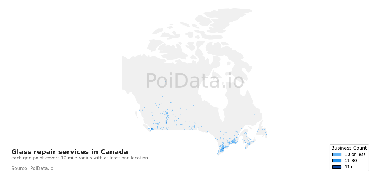 Glass repair service density map for Quebec, Canada