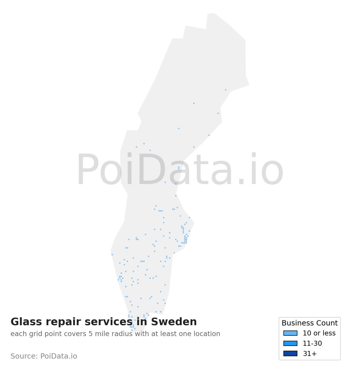 Glass repair service density map for Sweden