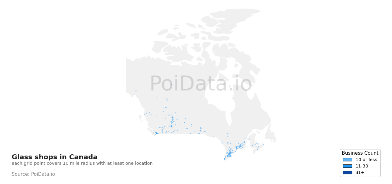 Glass shop density map for British Columbia, Canada
