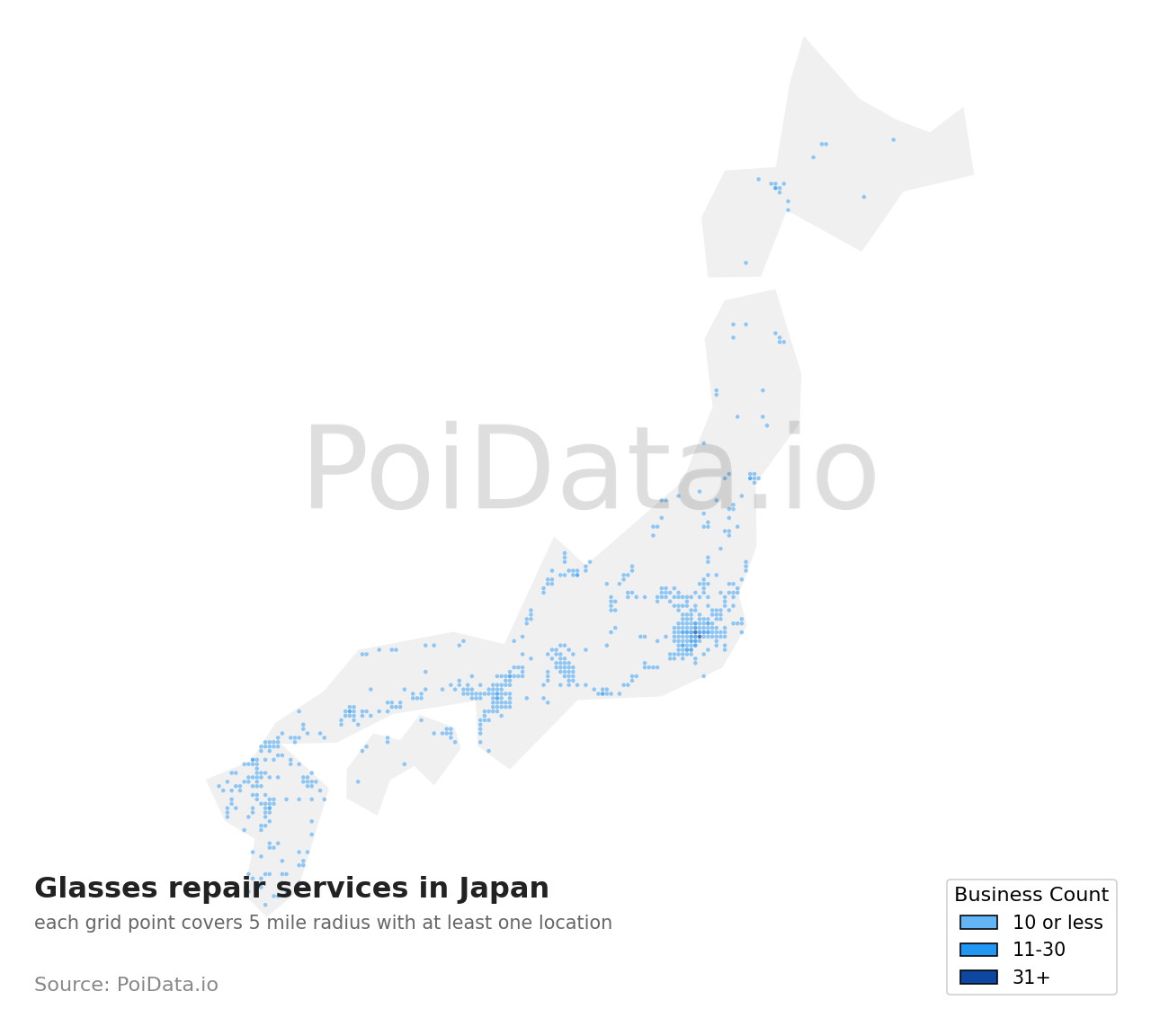 Glasses repair service density map for Japan