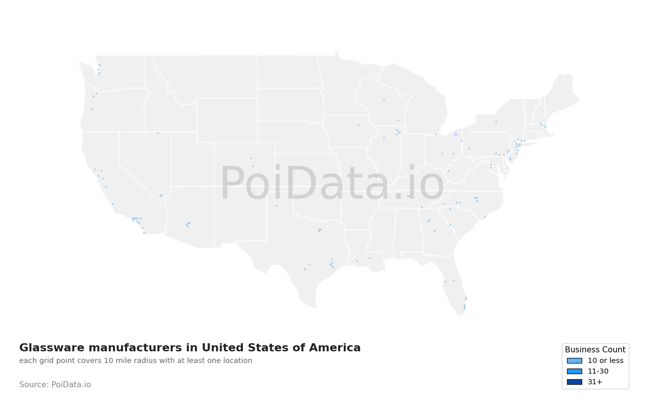 Glassware manufacturer density map for United States