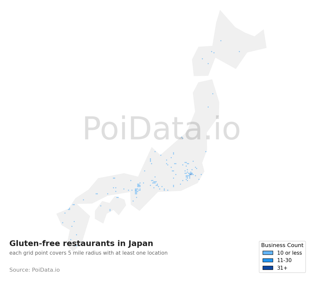 Gluten-free restaurant density map for Japan